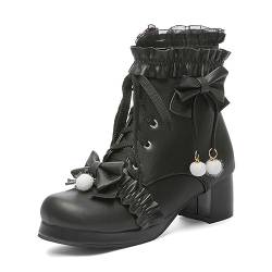 WOkismD Süße Damenstiefel zum Schnüren, klobige High Heels, runde Zehen, Schleife, Stiefeletten, Cosplay-Kleid, Uniform, Lolita-Schuhe,Schwarz,38 von WOkismD