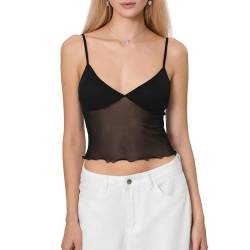 Frauen Y2k Cami Shirt Sexy Spaghettiträger Crop Top Rückenfrei Ausgehen Camisole Weste Tank Tops, Mesh Patchwork Schwarz, Klein von WPNAKS