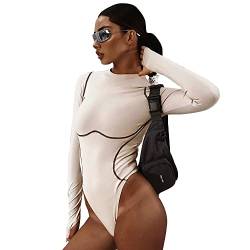 WQEPYY Damen Body Langarm, Overall Bodysuit ​mit Rundhals für Frauen, Langarm-Body Verschluss im Schritt, Sexy Body Damen Langarm Elegant Bodysuit Tops Bodies Oberteil (L) von WQEPYY