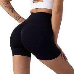 WQEPYY Kurze Sporthose Damen, Leggins Kurz Radlerhose,Push Up Booty Sport Shorts High Waist Seamless Magen Scrunch Butt Hüftheben Sportleggins für Gym Fitness Workout Yoga(Schwarz M) von WQEPYY