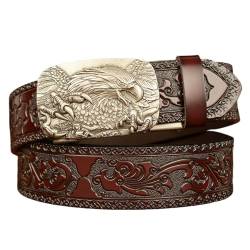 WRJAHCG Gürtel Herren Eagle-Serie, Herrengürtel Cowboy Western, Ratsche Ledergürtel mit Adlermuster Legierungsschnalle Vintage-Prägung,Brown b,110CM/43.3'' von WRJAHCG