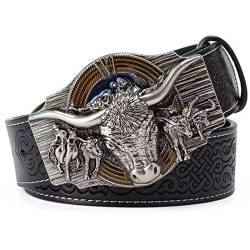 WRJAHCG Gürtel Western für Cowboy, Vintage Long Horn Bull Rodeo Western Cowboy Gürtel,Silver black,110CM/43.3'' von WRJAHCG