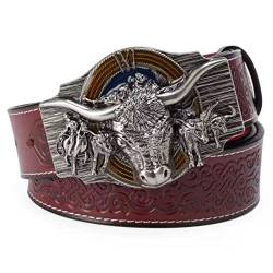 WRJAHCG Gürtel Western für Cowboy, Vintage Long Horn Bull Rodeo Western Cowboy Gürtel,Silver red,110CM/43.3'' von WRJAHCG