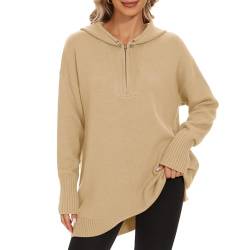 Damen Herbst Strickpullover Kordelzug Hooides Langarm Seitenschlitz Pullover Top Oversized Rippstrick Viertel Reißverschluss Pullover, Beige, Groß von WROLEM