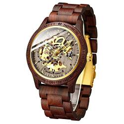 Wooden Men's Automatic Mechanical Watch Wooden Strap Hollow Transparent Men's Hand Watch Valentine's Day Christmas Birthday Gift Red von WRVCSS