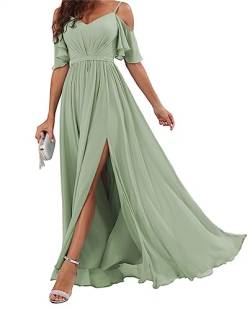 Aus der Schulter Chiffon Brautjungfer Kleid mit Split A Linie Falten Brautjungfer Kleid Lang für Frauen, salbeigrün, 56 von WSEYU
