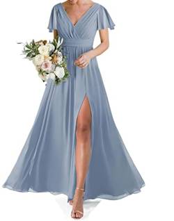 Ballkleid für Frauen, kurzärmelig, lang, Chiffon, doppelter V-Ausschnitt, Brautjungfernkleid mit Schlitz, dusty blue, 42 von WSEYU