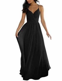 Damen Chiffon Brautjungfer Kleider A-Linie Schlitz Lange Abschlussball Homecoming Cocktailkleider mit Ärmeln für Junioren, Schwarz , 34 von WSEYU