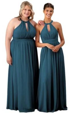 Damen Neckholder Brautjungfer Kleid Lang Plissee Chiffon Formale Party Kleider mit Taschen, blaugrün, 38 von WSEYU