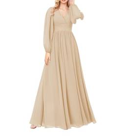 Damen V-Ausschnitt Chiffon Brautjungfer Kleider Langarm Geraffte A Linie Formale Abendkleid, champagnerfarben, 38 von WSEYU