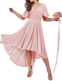 Hohe niedrige Prinzessin Kleid für Frauen V Ausschnitt Schnürung Chiffon Kurze Ärmel Plissee Hochzeit Party Kleider, Blush Pink, 50 von WSEYU