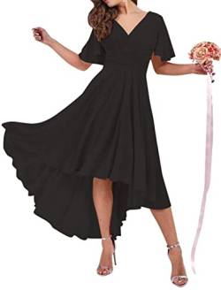 Hohe niedrige Prinzessin Kleid für Frauen V Ausschnitt Schnürung Chiffon Kurze Ärmel Plissee Hochzeit Party Kleider, Schwarz , 48 von WSEYU