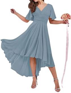 Hohe niedrige Prinzessin Kleid für Frauen V Ausschnitt Schnürung Chiffon Kurze Ärmel Plissee Hochzeit Party Kleider, dusty blue, 48 von WSEYU