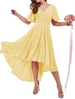 Hohe niedrige Prinzessin Kleid für Frauen V Ausschnitt Schnürung Chiffon Kurze Ärmel Plissee Hochzeit Party Kleider, gelb, 38 von WSEYU