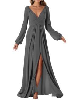 Langarm Brautjungfernkleider mit Schlitz Chiffon Formelles Kleid für Frauen, grau, 42 von WSEYU