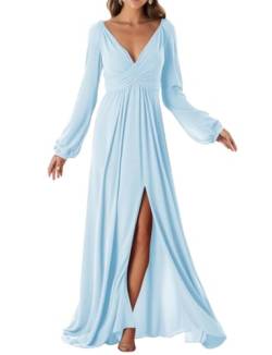 Langarm Brautjungfernkleider mit Schlitz Chiffon Formelles Kleid für Frauen, hellblau, 48 von WSEYU