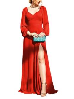 Lange Ärmel Chiffon Brautjungfer Kleider für Frauen mit hoher Öffnung Empire-Taille Formale Partykleider mit Falten, Rot, 38 von WSEYU