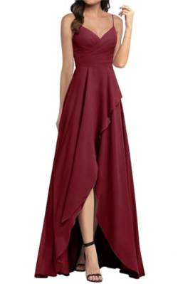 Lange Chiffon Rüschen Brautjungfer Kleider Spaghettiträger V-Ausschnitt Hochzeit Party Kleider für Frauen, dunkelrot, 32 von WSEYU