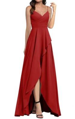 Lange Chiffon Rüschen Brautjungfer Kleider Spaghettiträger V-Ausschnitt Hochzeit Party Kleider für Frauen, rot, 40 von WSEYU