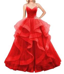 Layered Tüll Ballkleider Lange Glitzer Ballkleid A-Linie Formale Abendkleid Sparkly Festzug Kleid für Frauen, rot, 48 von WSEYU