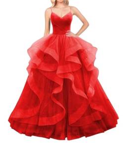 Layered Tüll Ballkleider Lange Glitzer Ballkleid A-Linie Formale Abendkleid Sparkly Festzug Kleid für Frauen, rot, 50 von WSEYU