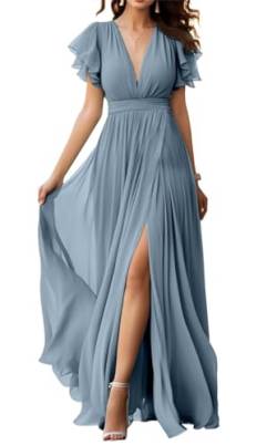 V-Ausschnitt Chiffon Brautjungfer Kleid mit Schlitz Flatterärmel Chiffon Plissee Formale Ballkleider für Frauen, Dusty Blue, 44 von WSEYU