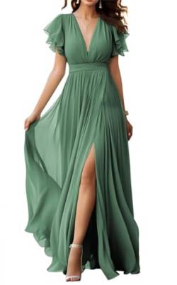 V-Ausschnitt Chiffon Brautjungfer Kleid mit Schlitz Flatterärmel Chiffon Plissee Formale Ballkleider für Frauen, Eukalyptus, 42 von WSEYU
