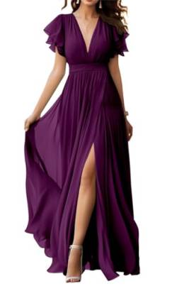 V-Ausschnitt Chiffon Brautjungfer Kleid mit Schlitz Flatterärmel Chiffon Plissee Formale Ballkleider für Frauen, pflaume, 50 von WSEYU