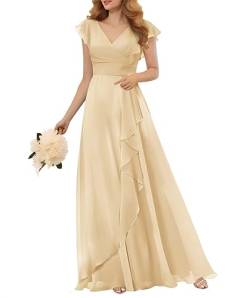 WSEYU Chiffon Brautjungfernkleider Lang mit Ärmeln für Hochzeit Rüschen V-Ausschnitt Plissee Formelle Kleider, champagnerfarben, 42 von WSEYU