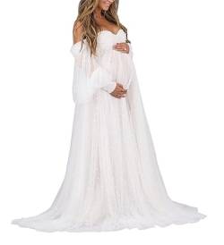 WSEYU Perlen-Umstandskleid aus Tüll für Fotoshootings, lange Puff-Ärmel, schulterfrei, Babyshower Braut-Schwangerschaftskleider, weiß, 38 von WSEYU