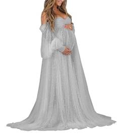 WSEYU Perlen-Umstandskleid für Fotoshootings, Tüll lange Puffy Ärmel Schulterfrei Babyshower Braut Schwangerschaft Kleider, silber, 48 von WSEYU