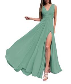 WSEYU V-Ausschnitt Gästekleider für Junioren Ärmellos Chiffon A-Linie Hoher Split Spaghettiträger 2023 Formal Prom Kleid, Eukalyptus, 36 von WSEYU