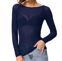 Damen Basic Langarm Mesh Sheer Tops Transparent Blusen, Dunkelblau, Mittel von WSLCN