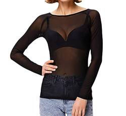 Damen Basic Langarm Mesh Sheer Tops Transparent Blusen, Schwarz, Groß von WSLCN