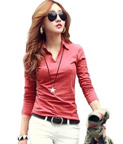 Damen Frühling schlicht Langarm V-Ausschnitt 100% Baumwolle Shirts T-Shirt Tops Pink Gr. 38 von WSLCN