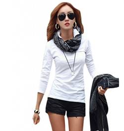 Damen Frühling schlicht Langarm V-Ausschnitt 100% Baumwolle Shirts T-Shirt Tops Weiß Gr. 34 von WSLCN
