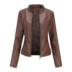WSLCN Damen Lederjacke PU-Leder Kurze Schmale Stehkragen Jacken Einfach Mantel Kaffee XL von WSLCN
