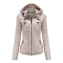 WSLCN Damen Lederjacke PU-leder Kurz Abnehmbare Zweiteilige Kapuzenjacke Stehkragen Beige M von WSLCN