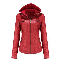 WSLCN Damen Lederjacke PU-leder Kurz Abnehmbare Zweiteilige Kapuzenjacke Stehkragen Rot 5XL von WSLCN