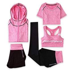 WSLCN Damen Sportsuit Set, Sweatsuit 5 Stück Stretch Trainingsanzug Schnell Trocknend Lauf Jogging Gym Yoga Fitness Pink DE XS (Asie M) von WSLCN