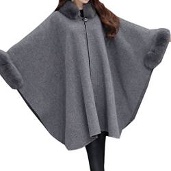 WSLCN Damen Umhang Mantel Casual Jacken Faux-Fur Kunstpelz Midi Poncho EIN Knopf Winterjacke einfach Cape Cardigan Grau Asie XXL(67.5-75KG) von WSLCN