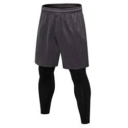 WSLCN Herren Hose Leggings 2 in 1 Stil Fitness Sporthose Stretch Schnelltrocknungs Trainingshose Lange Pants Grau Hose DE M (Asie XL) von WSLCN