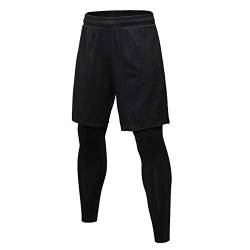 WSLCN Herren Hose Leggings 2 in 1 Stil Fitness Sporthose Stretch Schnelltrocknungs Trainingshose Lange Pants Schwarz Hose DE L (Asie XXL) von WSLCN