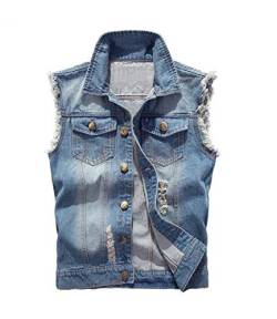 WSLCN Herren Jungen Weste Jeansweste Denim Weste Vest Freizeit Vintage Outdoors Löcher Hell Blau DE XL (Asie 3XL) von WSLCN