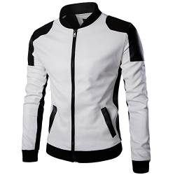 WSLCN Herren Mode Lederjacke Bikerjacken Kontrast Farbe Motorradjacke Kunstleder Stehkragen Slim Fit Kurz Herbst Mantel Weiß Asie 3XL von WSLCN