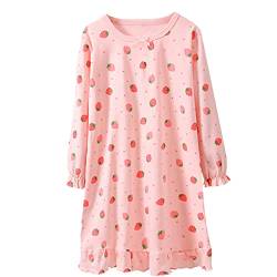 WSLCN Mädchen Kinder Pyjamas Nachthemd 100% Baumwolle Langarm Weich Rüschen Kleid Rosa Erdbeere DE 130(Label Größe Asien 140) von WSLCN