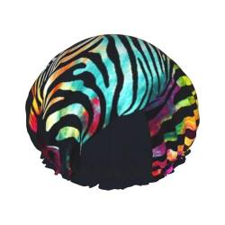 Bunte Regenbogen-Zebra-bedruckte Duschhaube für Frauen, wasserdichte Badekappen, wiederverwendbar, doppellagig, Duschhut, Bade-Duschkappen für Männer und Damen, Spa, Salon von WSOIHFEC