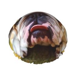 Niedliche Bulldogge Welpe bedruckte Duschhaube für Frauen, wasserdichte Badekappen, wiederverwendbar, doppellagig, Duschhut, Bade-Duschkappen für Männer und Damen, Spa, Salon von WSOIHFEC