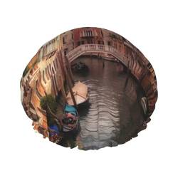 Schöne Venedig Kanal View bedruckte Duschhaube für Frauen, wasserdichte Badekappen, wiederverwendbar, doppellagig, Duschhut, Badeduschhauben für Männer und Damen, Spa-Salon von WSOIHFEC