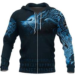 WSXJJ Wikinger Fenrir Wolf Mit Kapuze Sweatshirt für Männer, 3D Pullover Langarm Hoodie Beiläufige Nordische Kleidung Cosplay Jacke,Blue Fenrir Zip Hoodie,XXL von WSXJJ